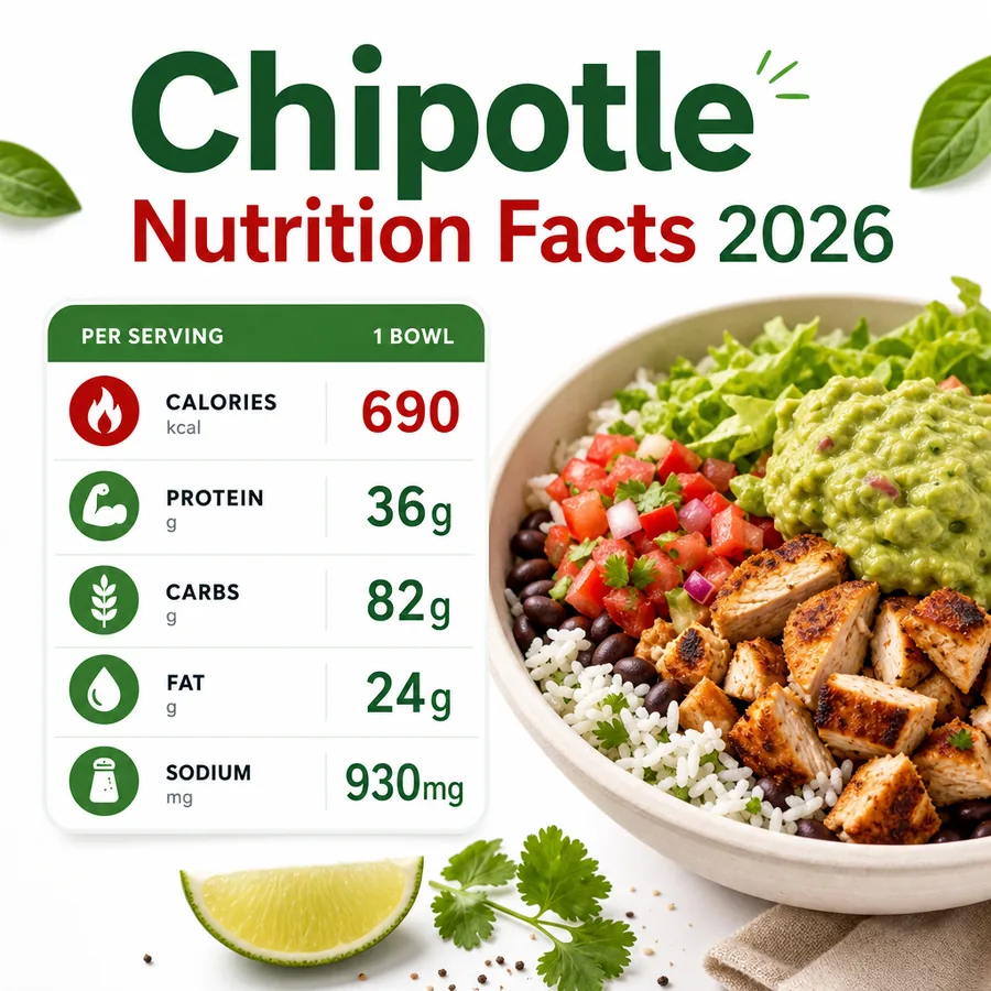 Chipotle nutrition facts chart showing calories, protein, carbs, fat and sodium next to a burrito bowl