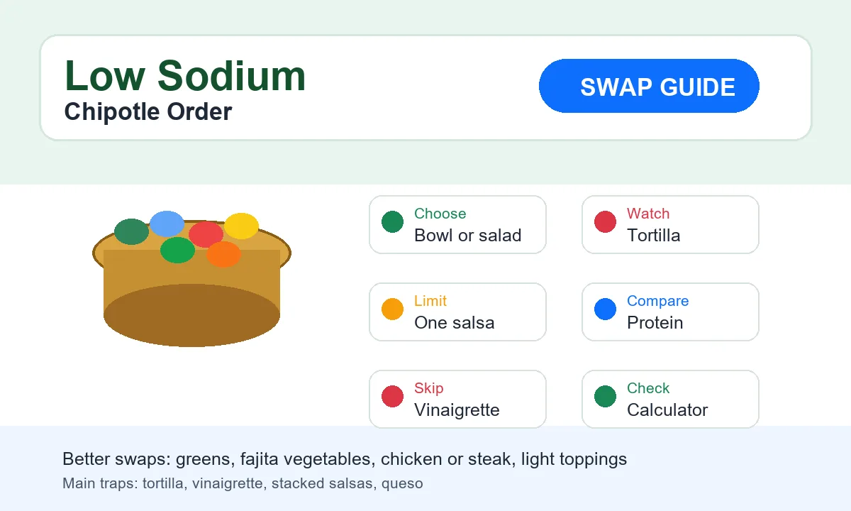 Low sodium Chipotle order guide showing better swaps and sodium traps